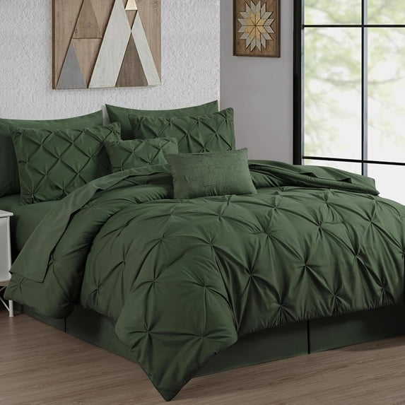 Chezmoi Collection 10-Piece Bed in a Bag Comforter Set, Pintuck Design, All Season Soft Microfiber Bedding with Sheets, Pillow Shams & Decorative Pillow, Forest Green, Full