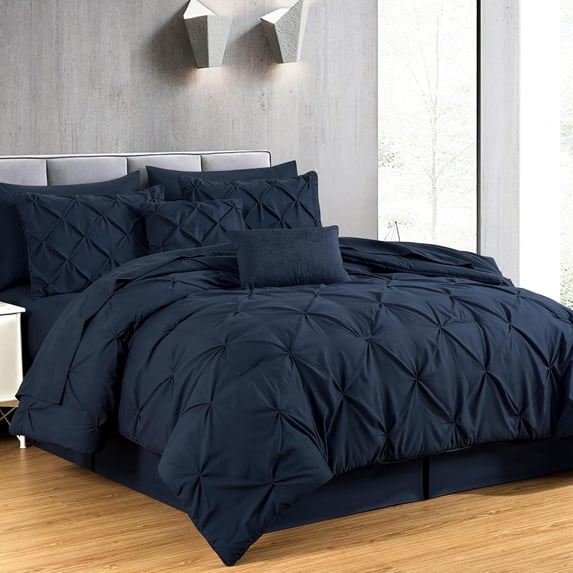 Chezmoi Collection 10-Piece Bed in a Bag Comforter Set, Pintuck Design, All Season Soft Microfiber Bedding with Sheets, Pillow Shams & Decorative Pillow, Midnight Navy, Full
