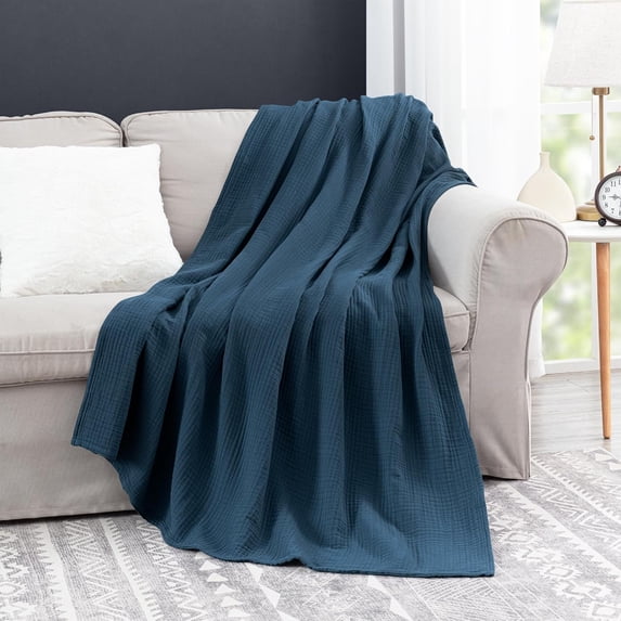 Chezmoi Collection 100% Cotton 4 Layer Muslin Blanket, Throw Size, Lightweight Breathable Pre-Washed Throw, Soft All Season Blanket for Bed Sofa Couch, Blue