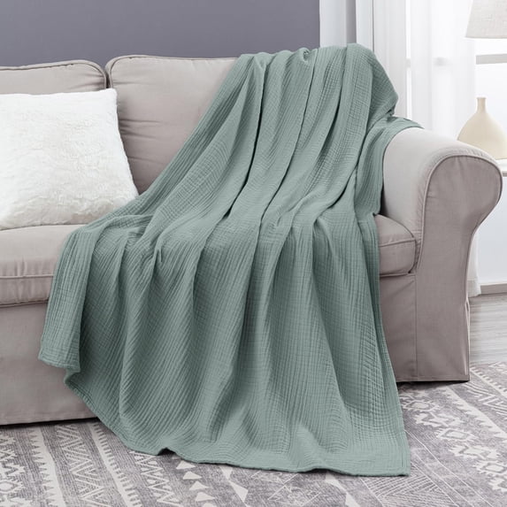 Chezmoi Collection 100% Cotton 4 Layer Muslin Blanket, Throw Size, Lightweight Breathable Pre-Washed Throw, Soft All Season Blanket for Bed Sofa Couch, Sage Green