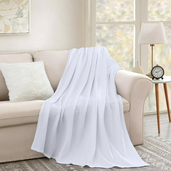 Chezmoi Collection 100% Cotton 4 Layer Muslin Blanket, Throw Size, Lightweight Breathable Pre-Washed Throw, Soft All Season Blanket for Bed Sofa Couch, White