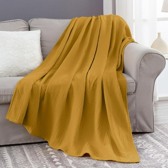 Chezmoi Collection 100% Cotton 4 Layer Muslin Blanket, Twin Size, Lightweight Breathable Pre-Washed Throw, Soft All Season Blanket for Bed Sofa Couch, Mustard Yellow