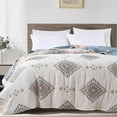 thumbnail image 1 of Chezmoi Collection 100% Cotton Queen Size Throw Blanket for Bed Sofa Couch, Boho Geometric Jacquard Woven Lightweight 4-Layer Reversible Cotton Thin Blanket, Multi-Color Natural Orange Blue 90x94, 1 of 10