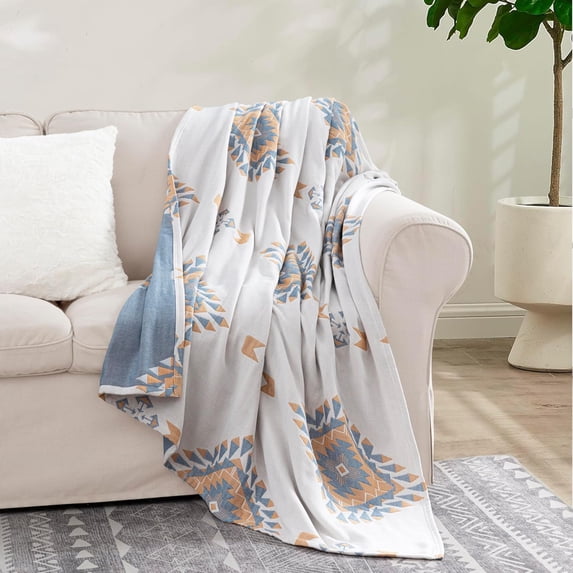 Chezmoi Collection 100% Cotton Throw Blanket for Bed Sofa Couch, Boho Geometric Jacquard Woven Lightweight 4-Layer Reversible Cotton Thin Blanket, Multi-Color Natural Orange Blue 50x70
