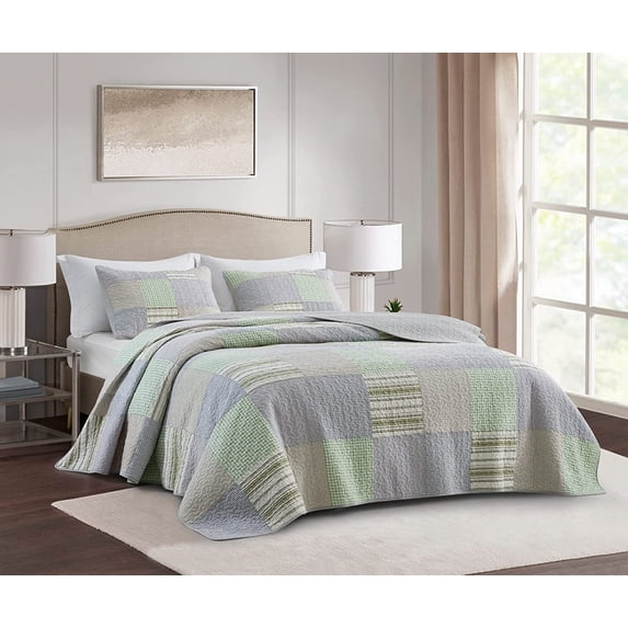 Chezmoi Collection 3-Piece Boho Chic Plaid Balanced Stripe Patchwork Cotton Quilt Reversible Lightweight Bedspread Set, King Size