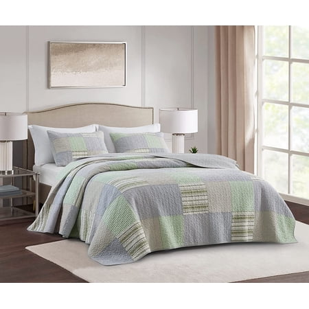 Chezmoi Collection 3-Piece Boho Chic Plaid Balanced Stripe Patchwork Cotton Quilt Reversible Lightweight Bedspread Set, Queen Size