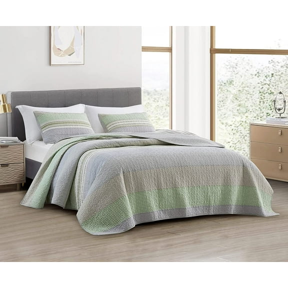 Chezmoi Collection 3-Piece Boho Chic Plaid Candy Striped Patchwork Cotton Quilt Reversible Lightweight Bedspread Set, Queen Size