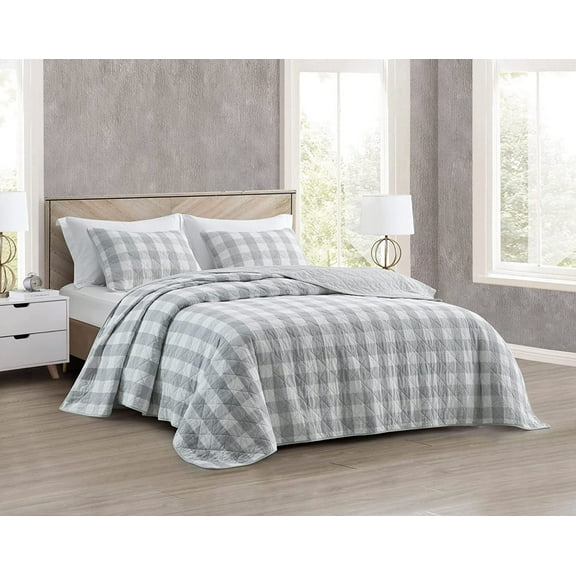 Chezmoi Collection 3-Piece Buffalo Check Plaid Cotton Quilt Reversible Lightweight Bedspread Set, Queen, Gray/White