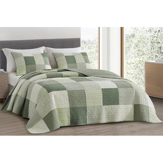 Chezmoi Collection 3-Piece Chic Green Floral Patchwork Cotton Quilt Set, Pre-Washed Cotton Lightweight Reversible Bedspread, Oversized King Size