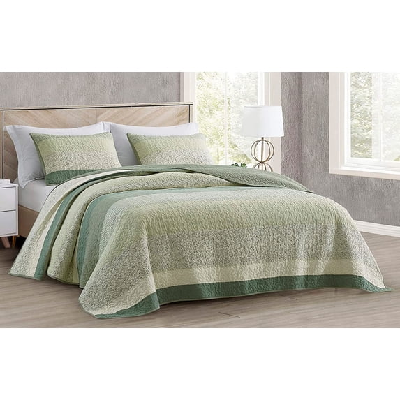 Chezmoi Collection 3-Piece Chic Green Floral Patchwork Stripe Cotton Quilt Reversible Lightweight Bedspread Set, Oversized King Size