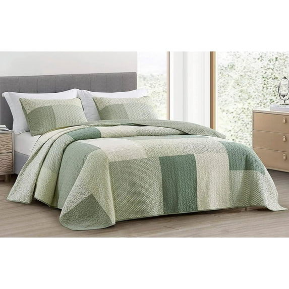 Chezmoi Collection 3-Piece Chic Green Floral Stripe Patchwork Cotton Quilt Reversible Lightweight Bedspread Set, Oversized King Size