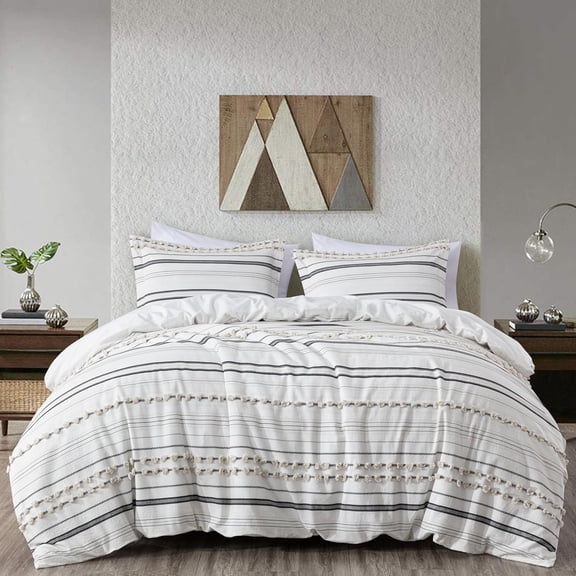 Chezmoi Collection 3-Piece Cotton Clip Jacquard Duvet Cover Set King, Boho Chic Tufted Pompom Striped Comforter Cover with Button Closure, Gray/White