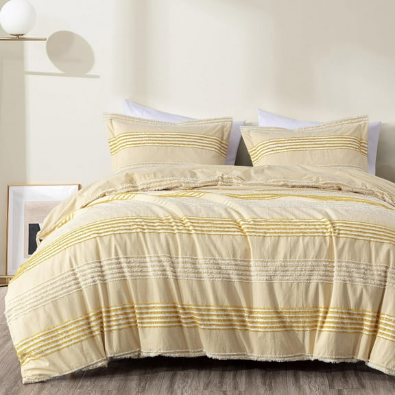 Chezmoi Collection 3-Piece Cotton Clip Jacquard Duvet Cover Set Queen, Boho Chic Textured Striped Comforter Cover with Button Closure, Pale Orange/White