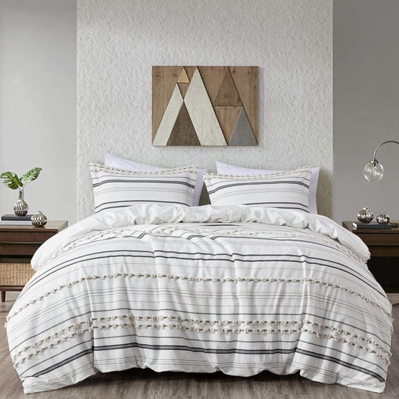 Chezmoi Collection 3-Piece Cotton Clip Jacquard Duvet Cover Set Queen, Boho Chic Tufted Pompom Striped Comforter Cover with Button Closure, Gray/White