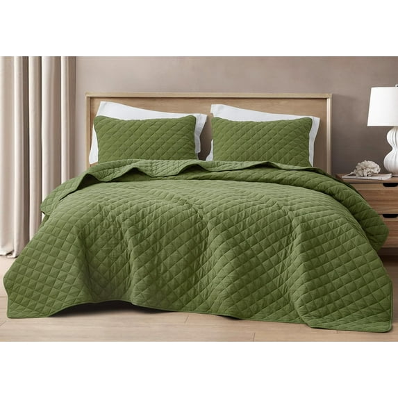 Chezmoi Collection 3-Piece Cotton Gauze Queen Quilt Set, Olive Green Soft Washed Cotton Gauze Bedspread, Lightweight Breathable for All Season