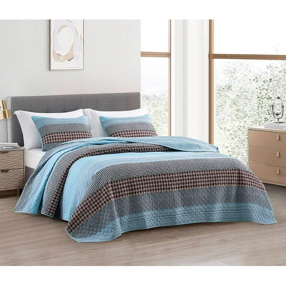 Chezmoi Collection 3-Piece Cotton Patchwork Quilt Set, Solid Plaid Multi Striped Lightweight Reversible Bedspread Set King Size