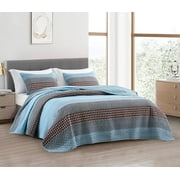 Chezmoi Collection 3-Piece Cotton Patchwork Quilt Set, Solid Plaid Multi Striped Lightweight Reversible Bedspread Set Queen Size