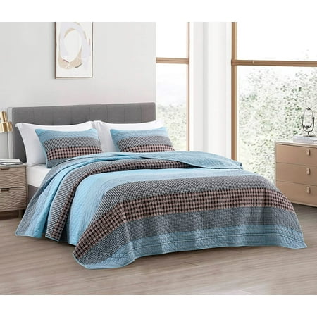 Chezmoi Collection 3-Piece Cotton Patchwork Quilt Set, Solid Plaid Multi Striped Lightweight Reversible Bedspread Set Queen Size
