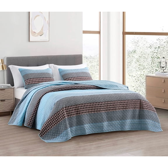 Chezmoi Collection 3-Piece Cotton Patchwork Quilt Set, Solid Plaid Multi Striped Lightweight Reversible Bedspread Set Queen Size