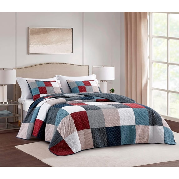 Chezmoi Collection 3-Piece Cotton Patchwork Quilt Set, Solid Polka Dot Striped Lightweight Reversible Bedspread Set, Queen Size