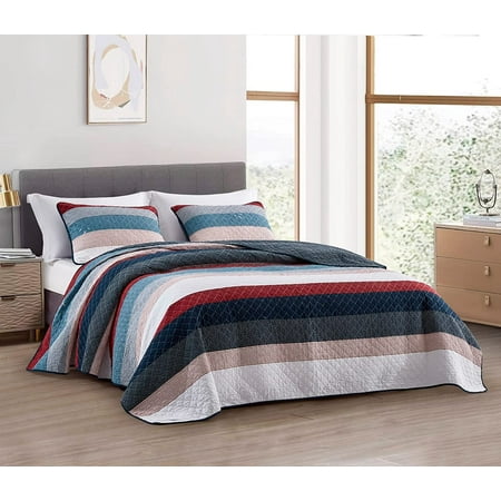 Chezmoi Collection 3-Piece Cotton Patchwork Striped Quilt Set, Solid Polka Dot Candy Stripe Lightweight Reversible Bedspread Set, Queen Size