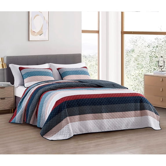 Chezmoi Collection 3-Piece Cotton Patchwork Striped Quilt Set, Solid Polka Dot Candy Stripe Lightweight Reversible Bedspread Set, Queen Size
