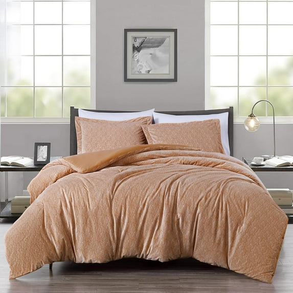 Chezmoi Collection 3-Piece Embossed Velvet Comforter Set King Size, Apricot Orange - Soft Plush Velvet Bedding Set with 2 Pillow Shams for All Seasons with Washed Microfiber Reverse