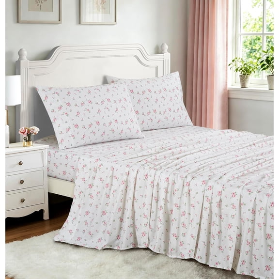 Chezmoi Collection 3-Piece Floral Printed Sheet Set - Soft White Pink Rose Flower Brushed Microfiber Bedding 14-Inches Deep Pocket Sheets & Pillowcases Set, Twin