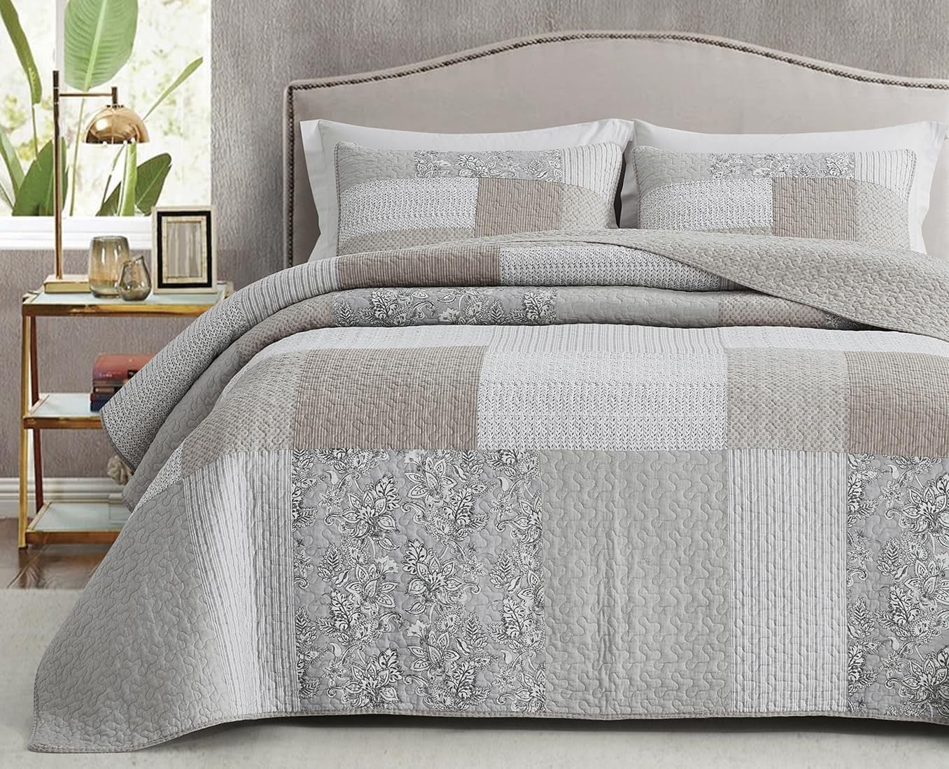 King Size White and Taupe Cotton Patchwork Reversible Quilt Set