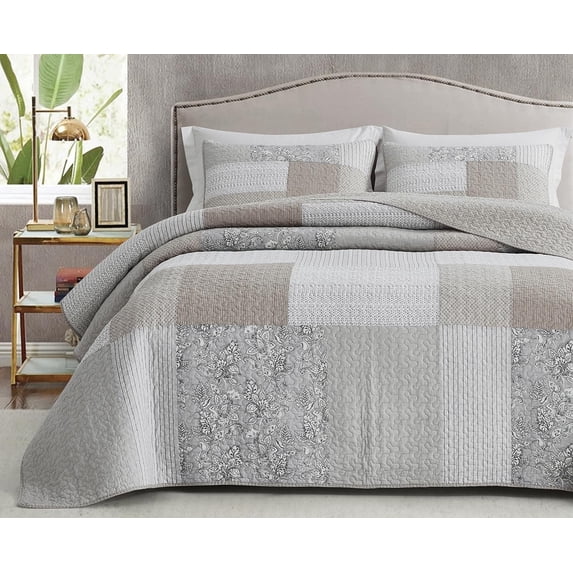 Chezmoi Collection 3-Piece Hibiscus Plaid Patchwork Cotton Quilt Reversible Lightweight Bedspread Set, King Size