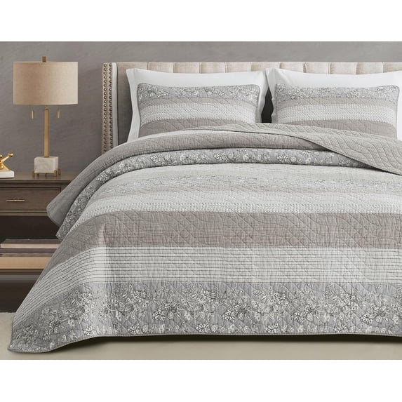 Chezmoi Collection 3-Piece Hibiscus Plaid Striped Patchwork Cotton Quilt Reversible Lightweight Bedspread Set, King Size