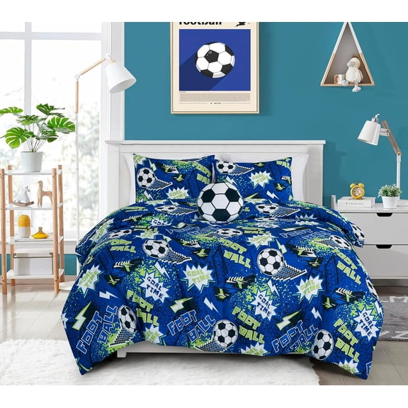 Chezmoi Collection 3-Piece Kids Football Soccer Bedding Comforter Set Twin Size - Soft Microfiber Blue Green Black White Printed Football Soccer Sports