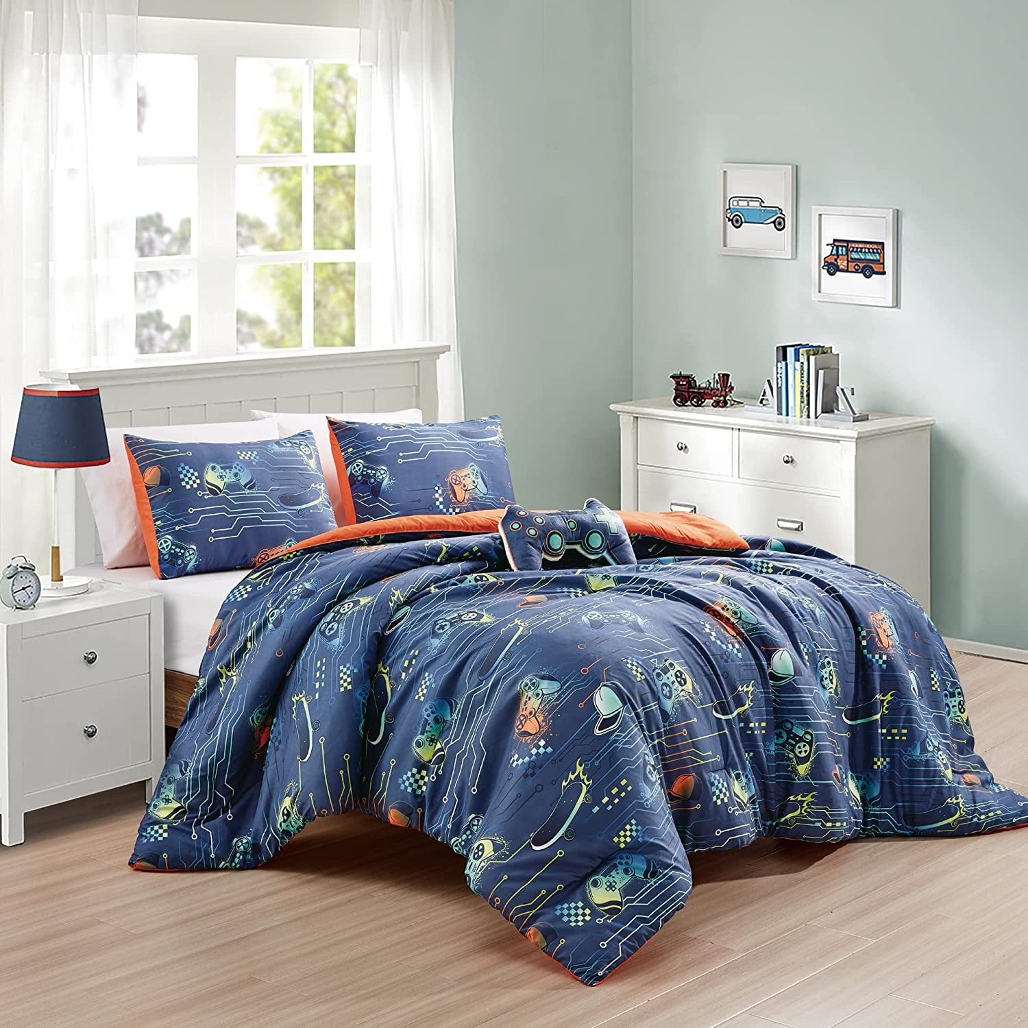 Twin Blue Microfiber Boys' Gamer Comforter Set