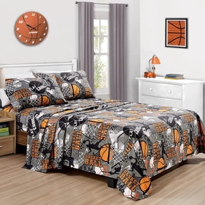 Chezmoi Collection 3-Piece Kids/Teens Basketball Sheet Set - Soft Microfiber Gray Orange Black Printed Sports Basketball Slam Dunk Fun Kids Sheets, Twin Size