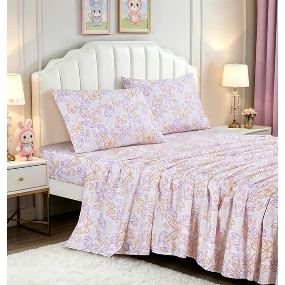 Chezmoi Collection 3-Piece Kids/Teens Butterfly Sheet Set - Soft Purple Pink Orange Butterfly Printed Microfiber Sheets Fun Kids Bedding, Twin Size
