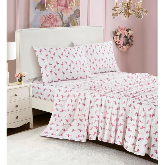 Chezmoi Collection 3-Piece Kids/Teens Flamingo Sheet Set - Soft White Pink Flamingo Printed Microfiber Sheets Fun Kids Bedding, Twin Size