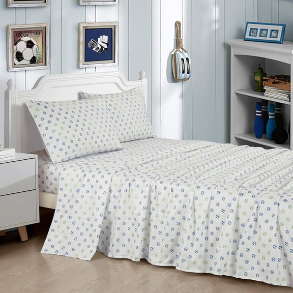 Chezmoi Collection 3-Piece Kids/Teens Football Soccer Sheet Set, Soft Microfiber Blue Green White Football Kids Sheets, Twin Size