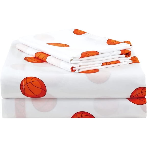 Chezmoi Collection 3-Piece Kids/Teens Sports Microfiber Sheet Set White Orange Basketball, Twin Size