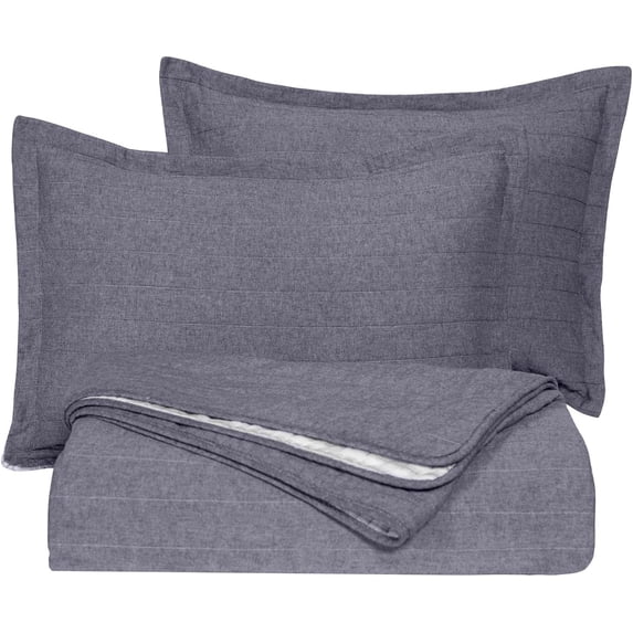 Chezmoi Collection 3-Piece Light Denim Cotton Yarn Dyed Chambray Bedding Quilt Set King - Reversible Chalk Stripe Pre-Washed Cotton Coverlet Set King Size
