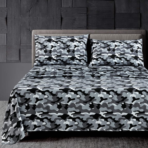 Chezmoi Collection 3-Piece Military Camouflage Sheet Set, Black Gray Printed Microfiber Soft Breathable Deep Pocket Sheets and Pillowcases Set, Twin XL Size