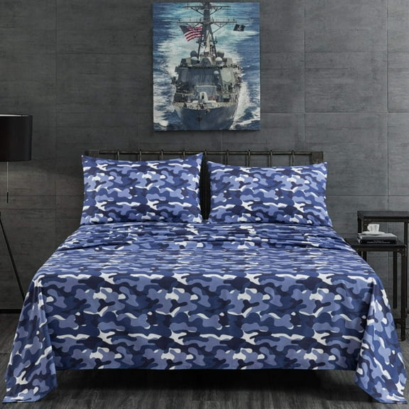 Chezmoi Collection 3-Piece Military Camouflage Sheet Set, Blue Gray Printed Microfiber Soft Breathable Deep Pocket Sheets and Pillowcases Set, Twin Size