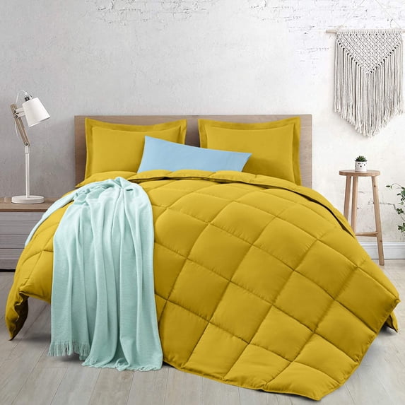 Chezmoi Collection 3-Piece Mustard Comforter Set Queen Size, 110GSM Peach Skin Microfiber Polyester, Lightweight Duvet Insert All Season Down Alternative Comforter