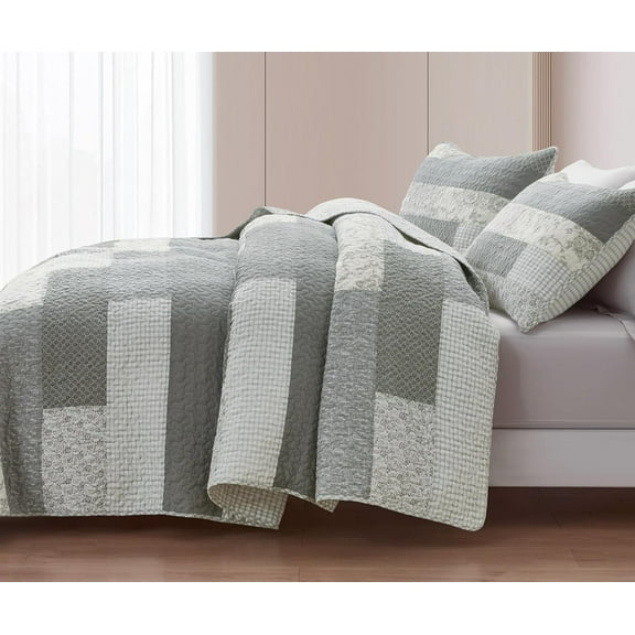 Chezmoi Collection 3-Piece Muted Gray White Ivory Floral Plaid Rectangular Patchwork Cotton Quilt Reversible Lightweight Bedspread Set, King Size