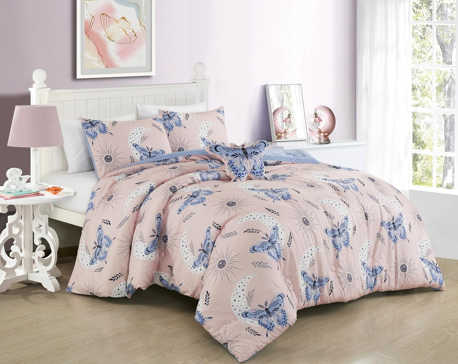 Twin White Microfiber Kids Bedding Set with Butterfly Pillow