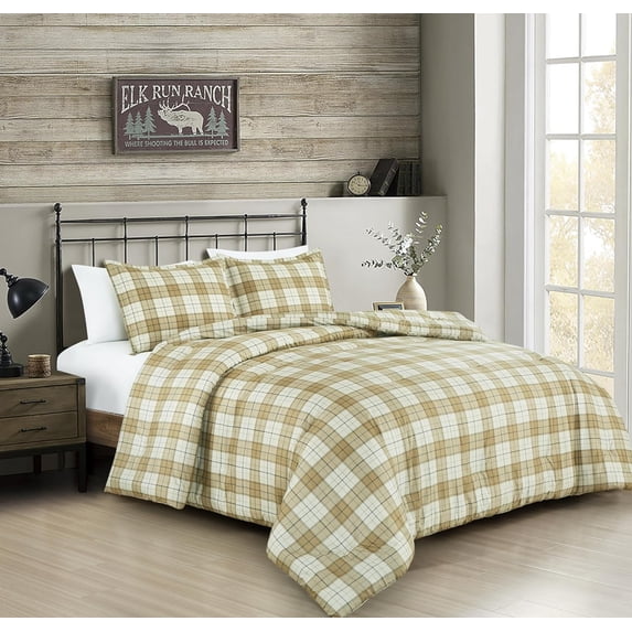 Chezmoi Collection 3-Piece Plaid Comforter Set Full Size, Tan Beige Blue Plaid Stripe Printed Microfiber Bedding Lightweight Breathable Blanket for All Season