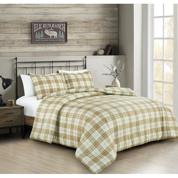 Chezmoi Collection 3-Piece Plaid Comforter Set King Size, Tan Beige Blue Plaid Stripe Printed Microfiber Bedding Lightweight Breathable Blanket for All Season