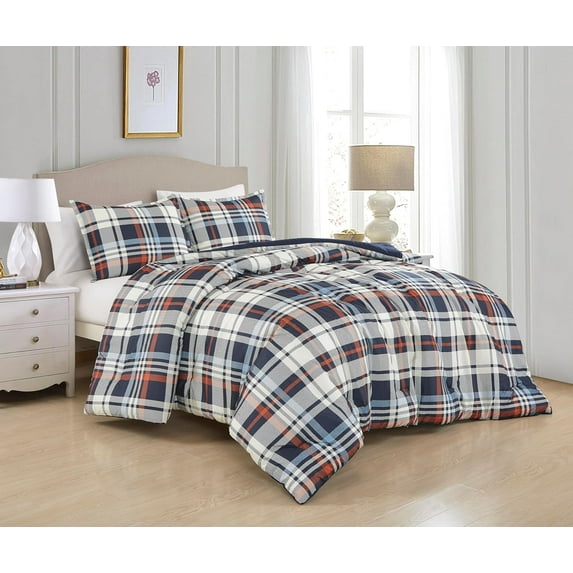 Chezmoi Collection 3-Piece Plaid Comforter Set Queen Size, Blue Orange White Herringbone Plaid Stripe Printed Microfiber Bedding Lightweight Breathable Blanket for All Season