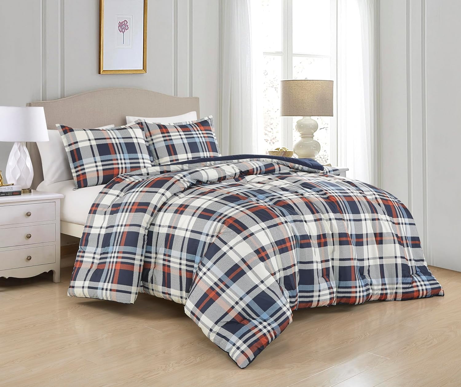 Chezmoi Collection 3Piece Plaid Comforter Set Queen Size, Blue Orange