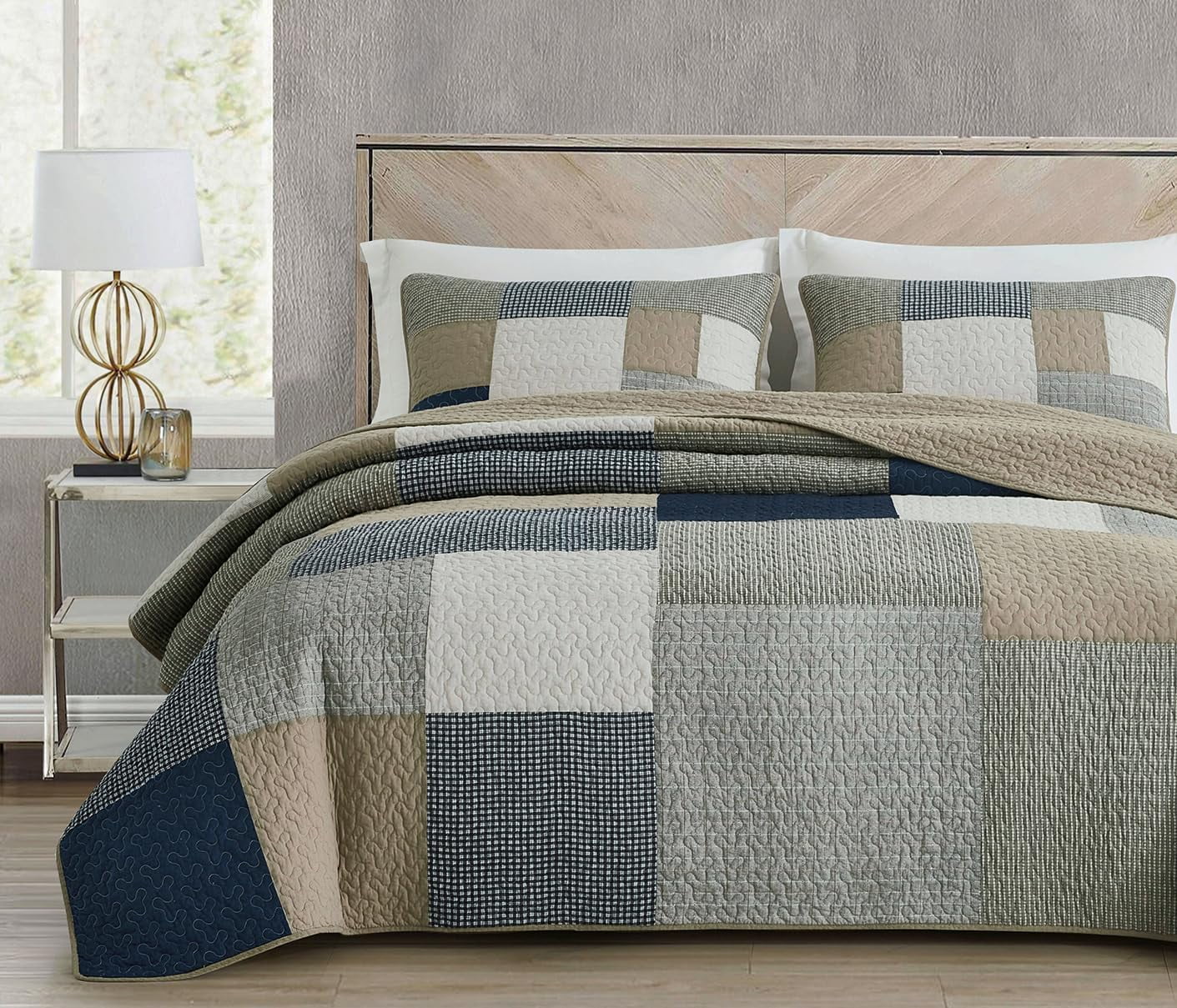 Navy and Beige Cotton Patchwork Reversible Queen Quilt Set