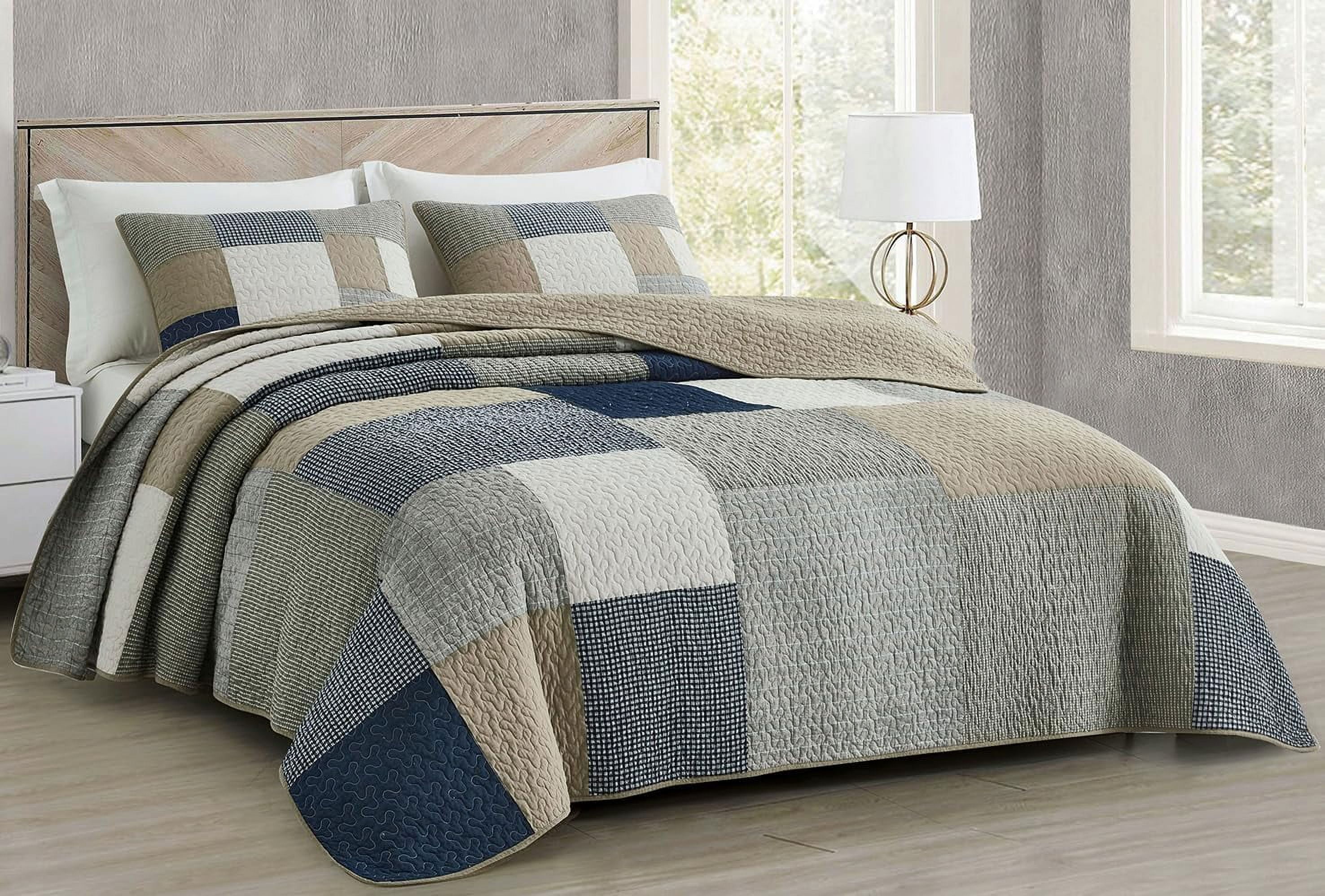 Navy and Beige Cotton Patchwork Reversible Queen Quilt Set